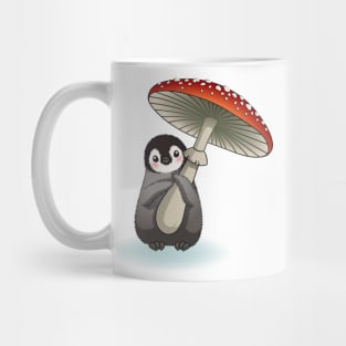 Happy emperor penguin chick with mushroom Mug